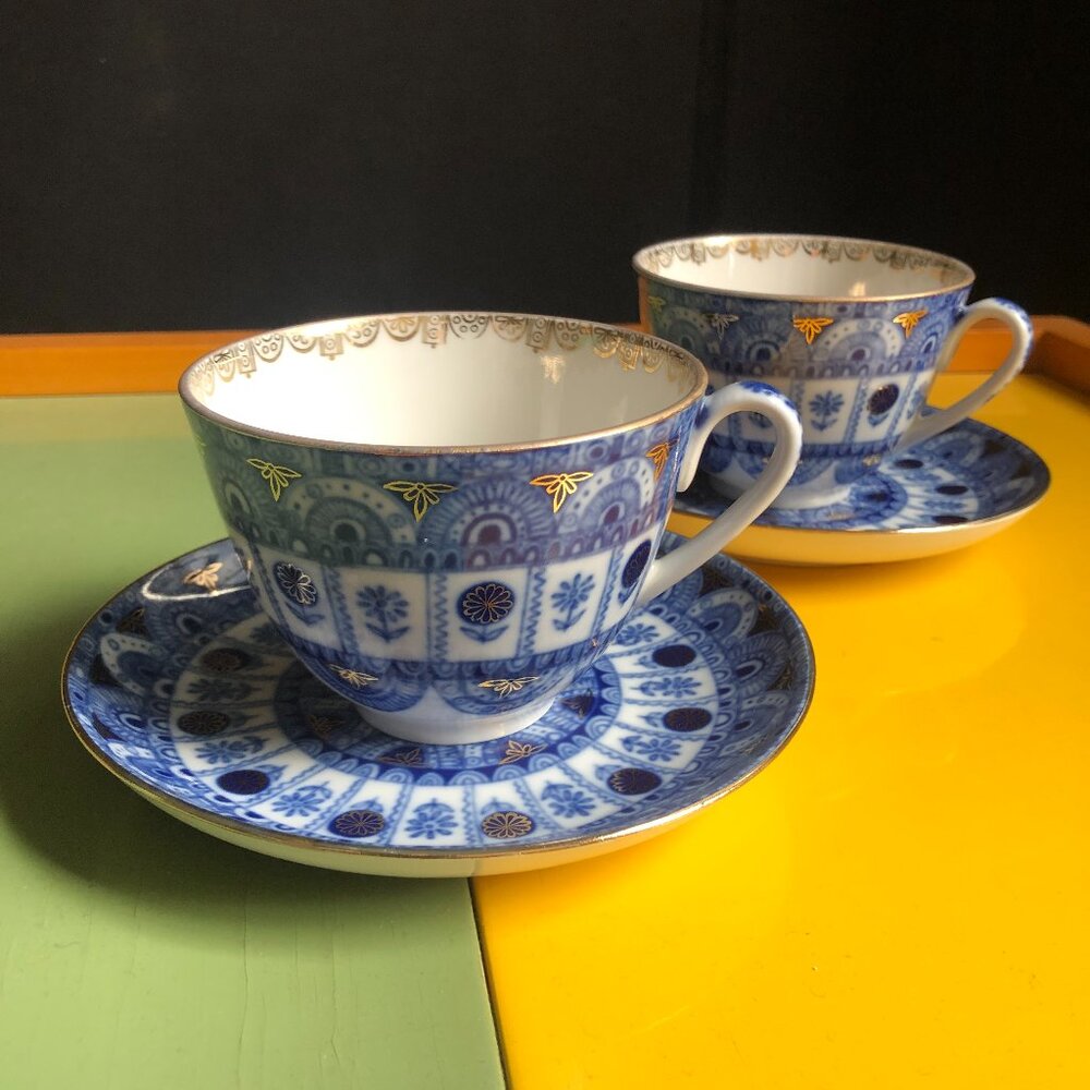 2 sets of Lomonosov Russian Cobalt & Gold Porcelain Cups and Saucers